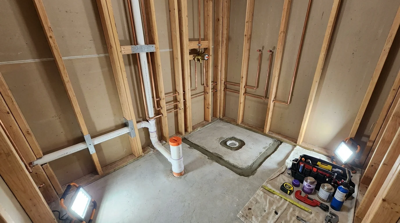 Bathroom rough-in plumbing during remodel by Johns Plumbing LLC in American Fork