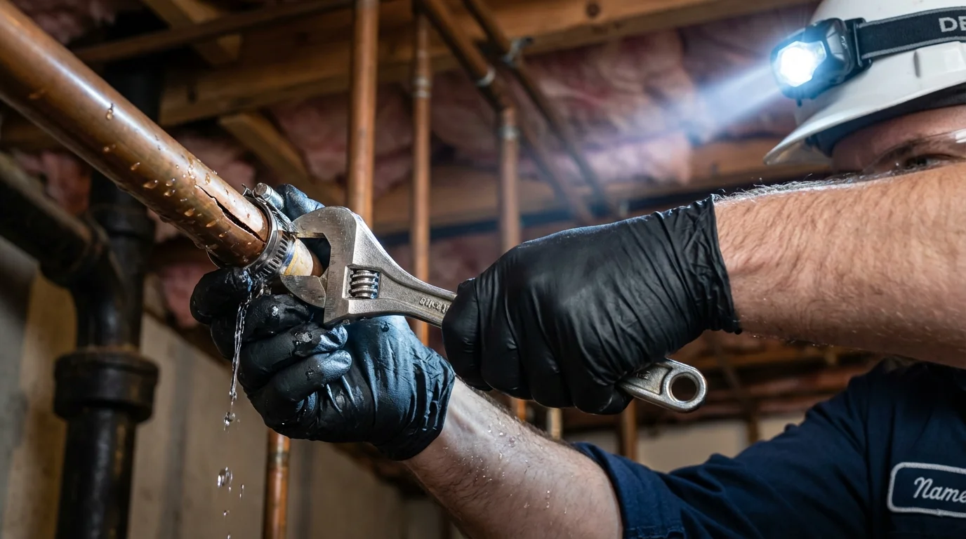 Emergency pipe clamp repair being performed by a Johns Plumbing LLC plumber in American Fork