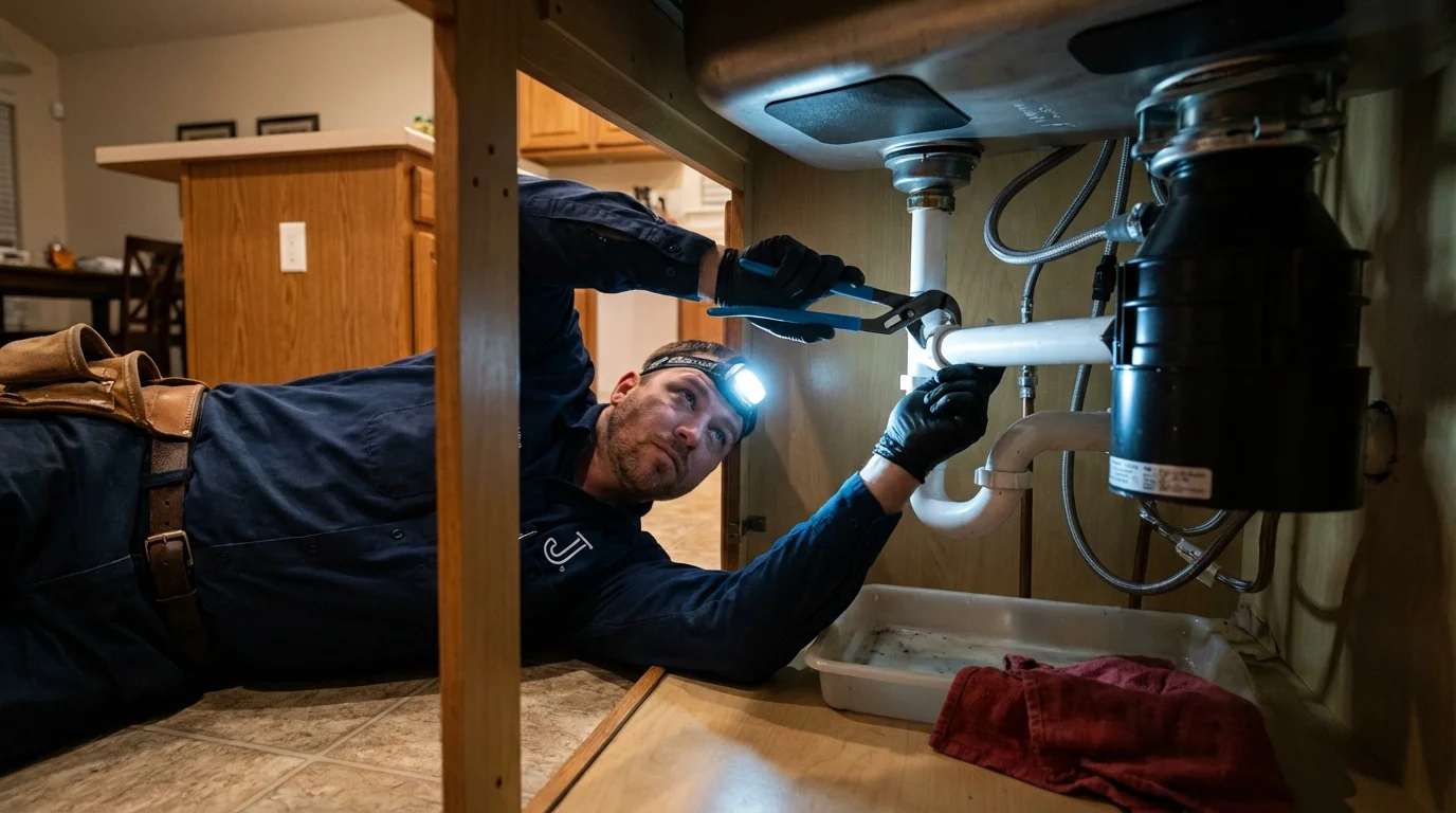 P-trap and supply line connections under a kitchen sink showing a common leak point in American Fork, UT